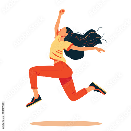 Young female jumping energetically, expressing freedom happiness, casual contemporary style, vibrant colors. Euphoric woman celebrating success victory, dynamic leap, flowing hair, vivid joyful