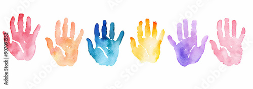 A set of colorful handprints on a white background in the style of watercolor
