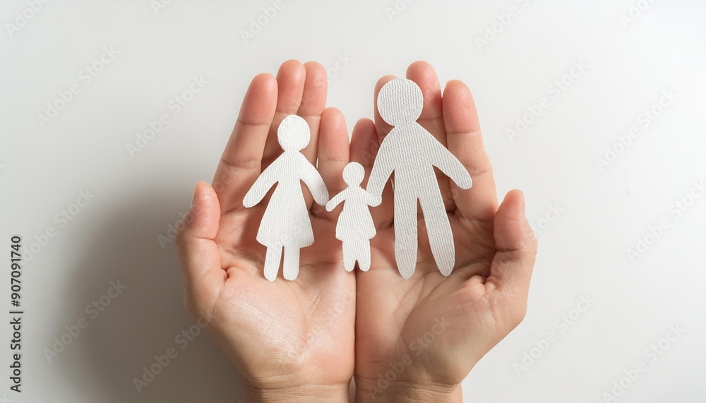 Paper doll family with both hands, symbolizing welfare Paper doll family with both hands, symbolizing welfare
