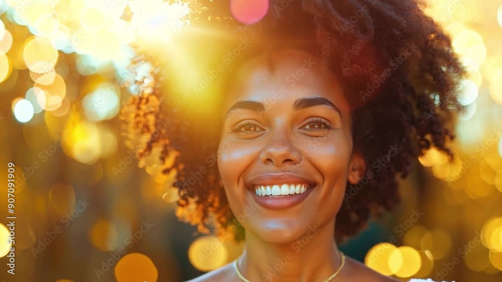 A joyful woman with curly hair smiles brightly as golden sunlight filters through the trees, creating a warm and inviting atmosphere. A joyful woman with curly hair smiles brightly as golden sunlight filters through the trees, creating a warm and inviting atmosphere.