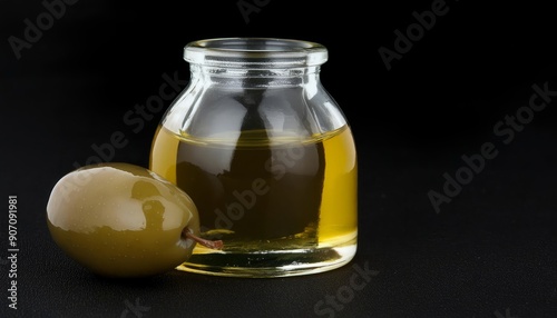 Olive oil in a glass jar with raw olives beside it, isolated on white background. Showcasing the natural beauty and health benefits of this versatile ingredient. Perfect for culinary and health enthus