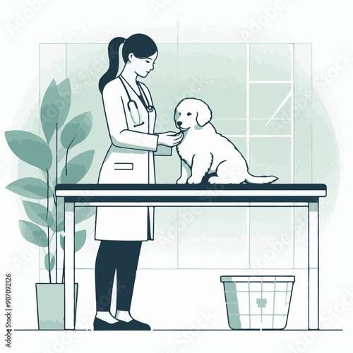 Veterinarian with dog in the veterinary clinic, vector illustration 