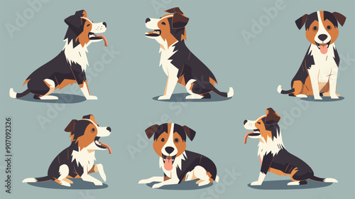 Six cartoon dogs displaying different poses expressions, dog stylized colors black, white, tan, resembling breed such Border Collie, background plain which highlights dogs various stances including