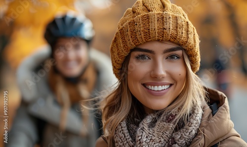 A romantic young couple rides bikes together in the city on a crisp autumn day.