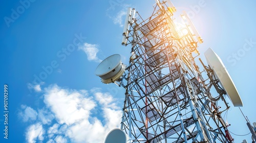 Antenna tower of telecommunication and Phone base station with TV and wireless internet antennas