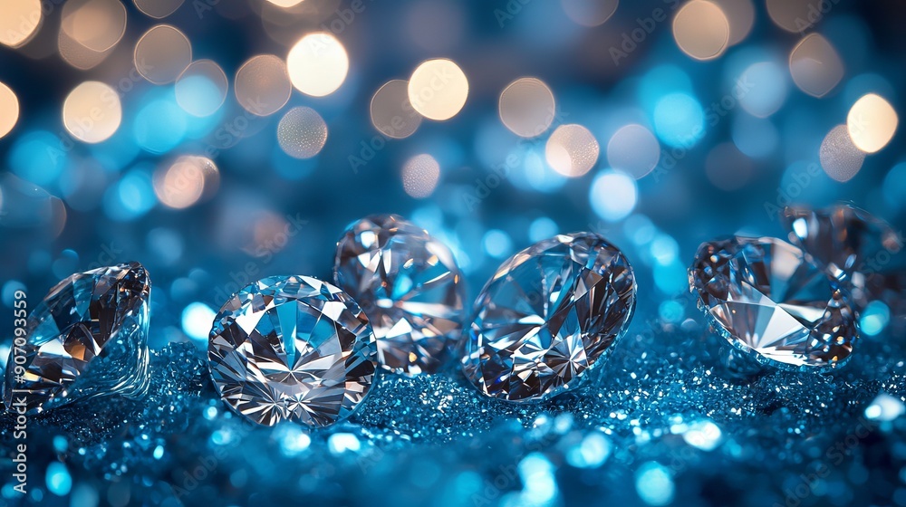 Sparkling Diamonds on Blue Glittering Background With Soft Bokeh Lights Sparkling Diamonds on Blue Glittering Background With Soft Bokeh Lights
