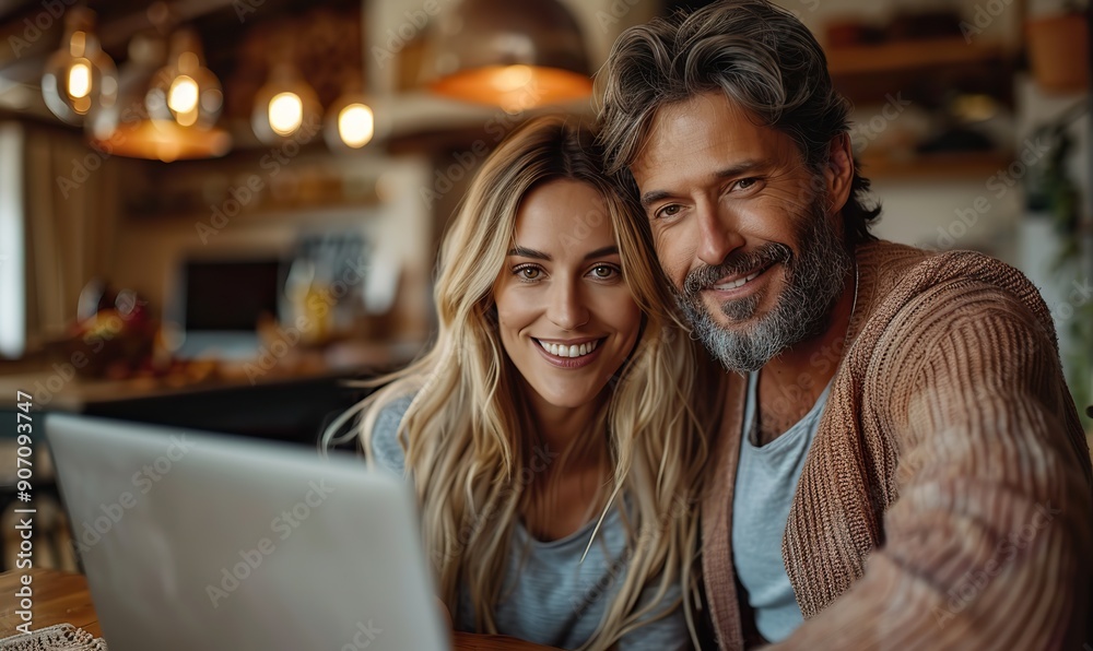 A happy young couple uses a laptop at home, enjoying online services and technology together. A happy young couple uses a laptop at home, enjoying online services and technology together.