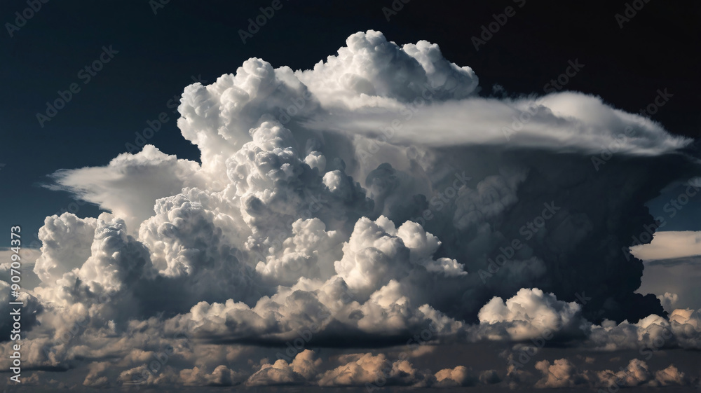 Fototapeta premium Single Large Fluffy White Cloud Against a Dark, Almost Black Background