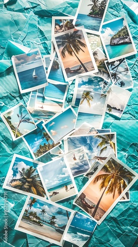 Tropical beach photos collage on blue background. Travel concept. photo