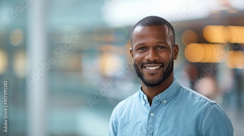Smiling Man in Casual Blue Shirt at a Busy Urban Location