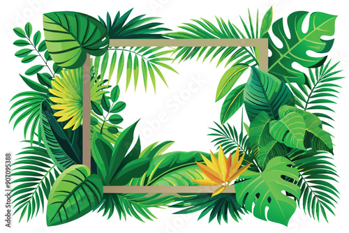 Exotic green leaves background. Natural palm leaves frame, tropical leaves frame. Vector design illustration