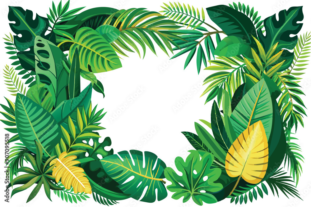 Naklejka premium Exotic green leaves background. Natural palm leaves frame, tropical leaves frame. Vector design illustration