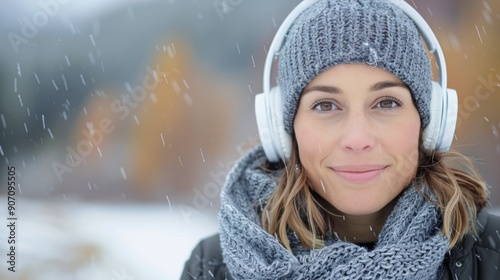 Young Woman Enjoys Snowy Day With Headphones in City
