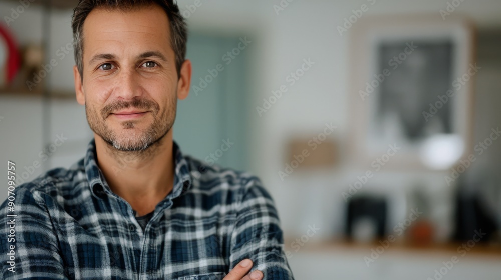 Smiling Man in Gray Sweater Sitting Comfortably in Cozy Indoor Space Smiling Man in Gray Sweater Sitting Comfortably in Cozy Indoor Space