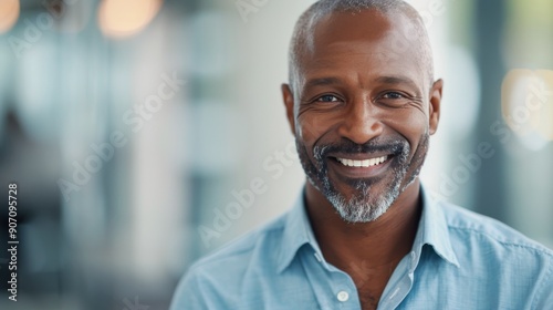 Smiling Man in Casual Blue Shirt at a Busy Urban Location