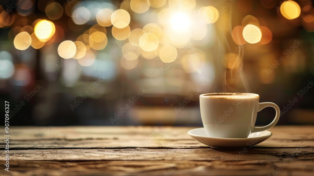 Obraz premium A Steaming Cup of Coffee on a Wooden Table with a Blurred Background of Golden Lights, coffee, steam, cafe, cozy
