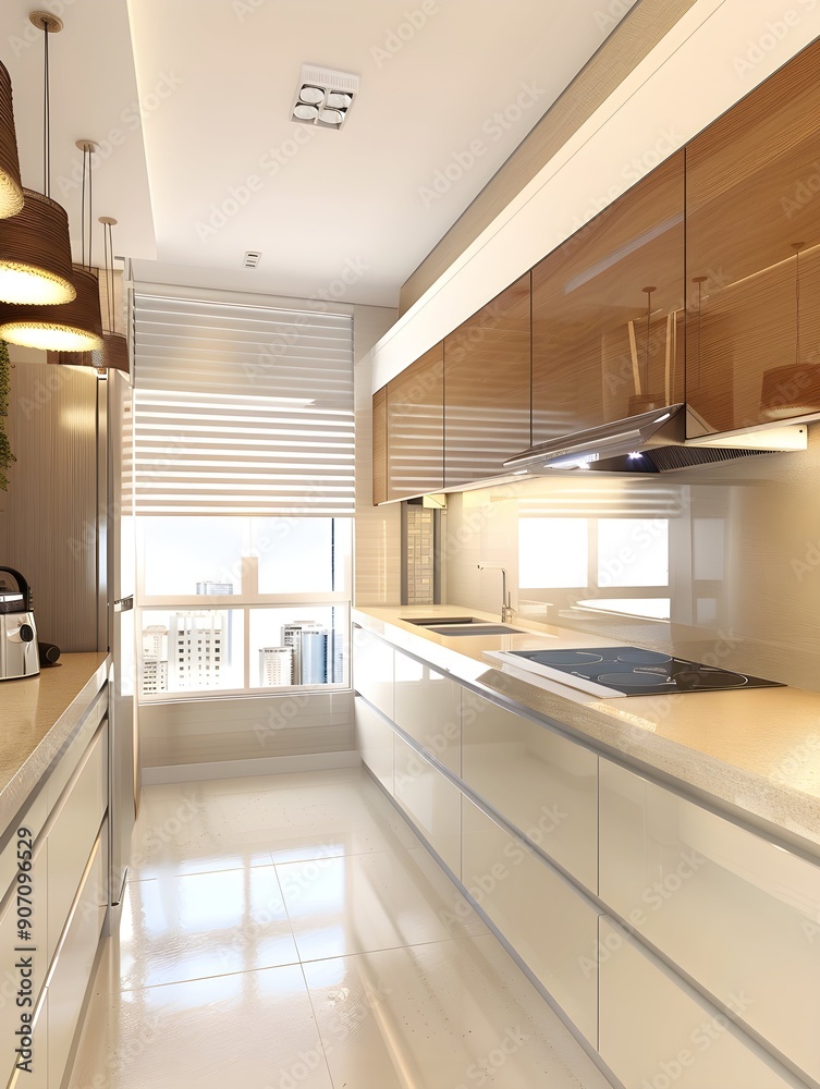 Kitchen interior modern home white room bright house design furniture. Wood kitchen interior modern counter background light countertop minimal apartment wall decor luxury contemporary clean empty 