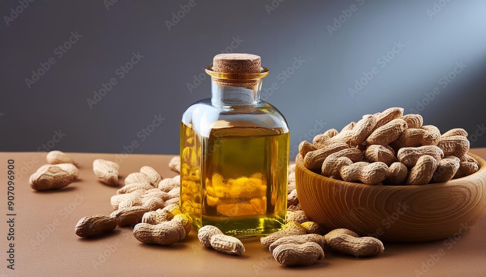 Peanut oil in a glass bottle with peanuts beside it, isolated on clean background. Showcasing the natural beauty and health benefits of this versatile ingredient. Perfect for culinary and health enthu Peanut oil in a glass bottle with peanuts beside it, isolated on clean background. Showcasing the natural beauty and health benefits of this versatile ingredient. Perfect for culinary and health enthu