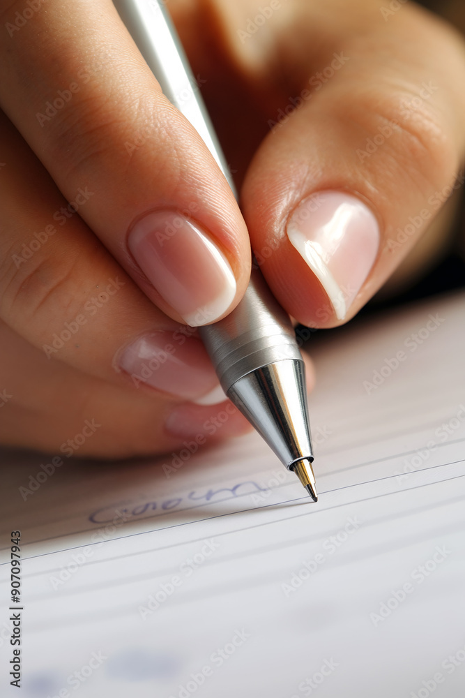 Close-up of a woman writing in a notebook.