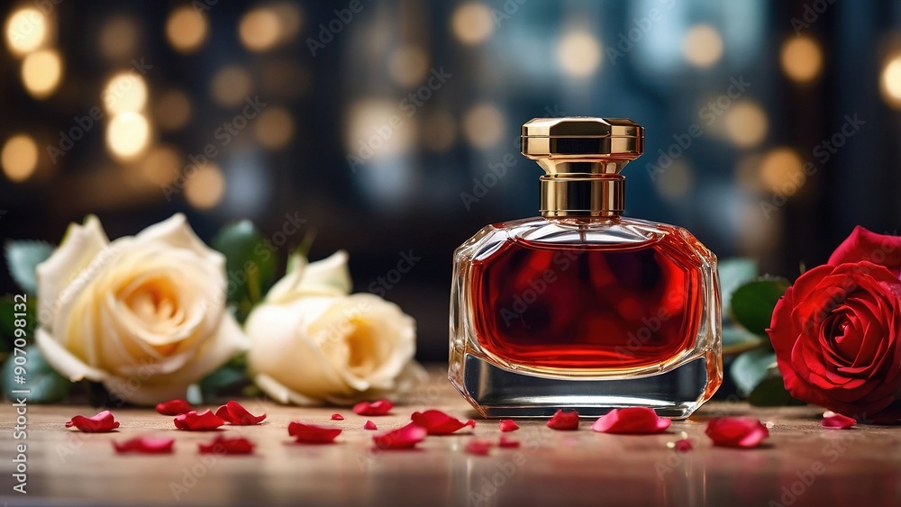 Elegant Perfume Bottle Surrounded by Roses on a Wooden Table at Night Elegant Perfume Bottle Surrounded by Roses on a Wooden Table at Night