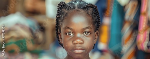 Portrait of small African girl with blurred textile background.