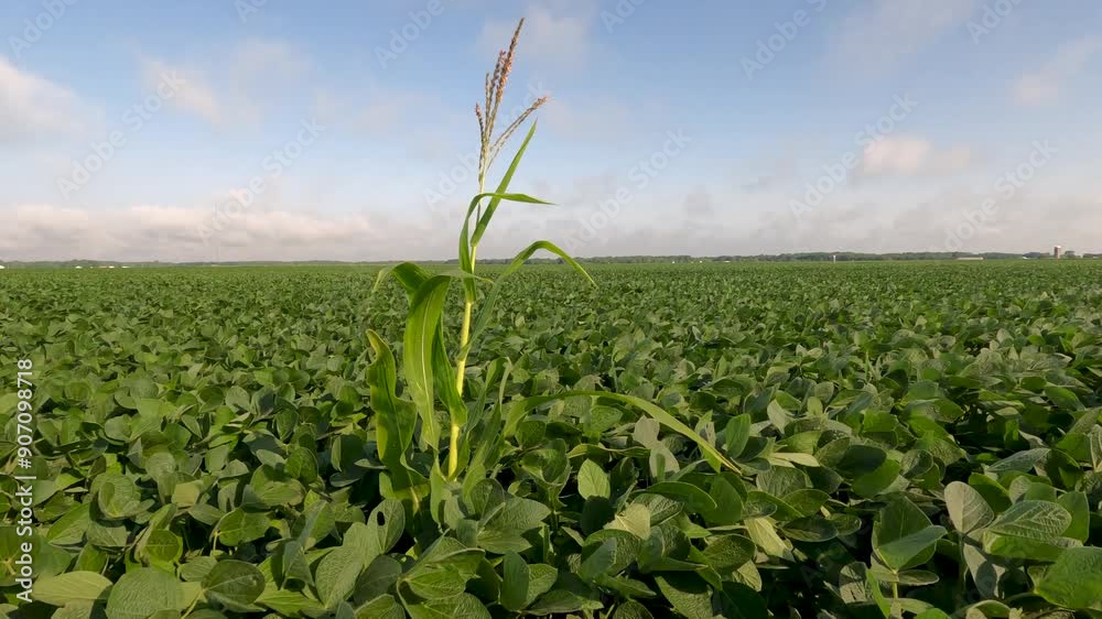 One single corn stalk stands tall in a field of soybeans. Farmer uses ...