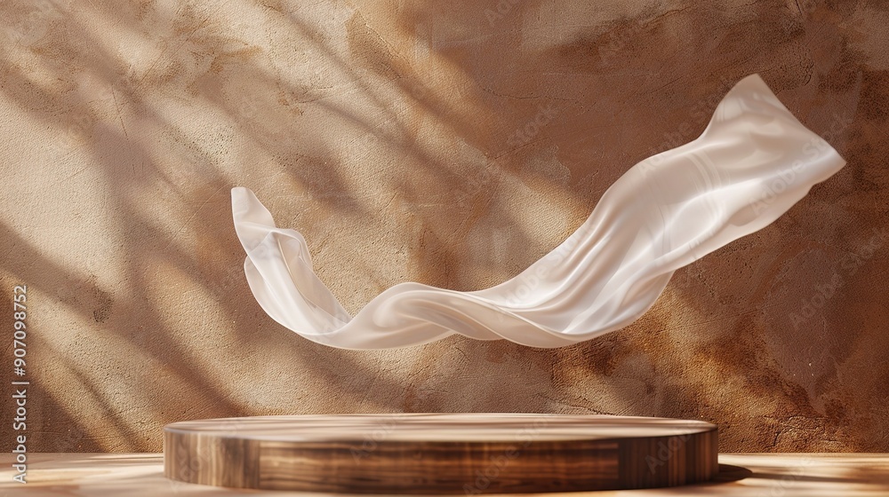 Wooden podium and satin fabric floating on brown background. Luxury product placement mockup with flying cloth. Premium fashion and beauty stage platform template. Wooden podium and satin fabric floating on brown background. Luxury product placement mockup with flying cloth. Premium fashion and beauty stage platform template.