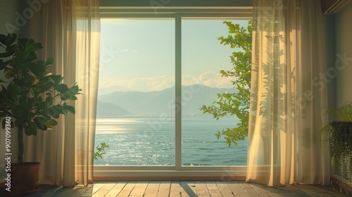 Sea View Through Sheer Curtains  Window  Coastal Landscape  Sunlight  Interior Design  seaside  seaview