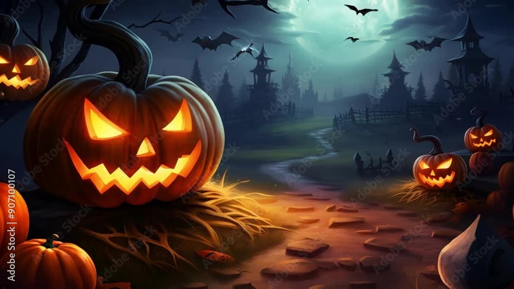 Scary Halloween animated cartoon illustration with a path at night through the forest. Pumpkins lanterns. Scary Halloween animated cartoon illustration with a path at night through the forest. Pumpkins lanterns.