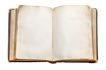 Open old blank book mockup with used paper pages isolated on transparent background. Flat lay png, cutout.