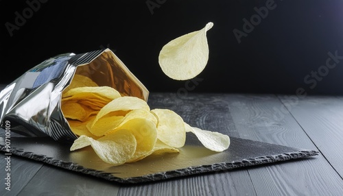  Potato chips tossed in the air with salt and chili pepper flakes, showcasing their crispy texture and spicy flavor. Perfect for food lovers and those who enjoy a gourmet twist on classic snacks