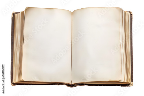 Open old blank book mockup with used paper pages isolated on transparent background. Flat lay png, cutout.