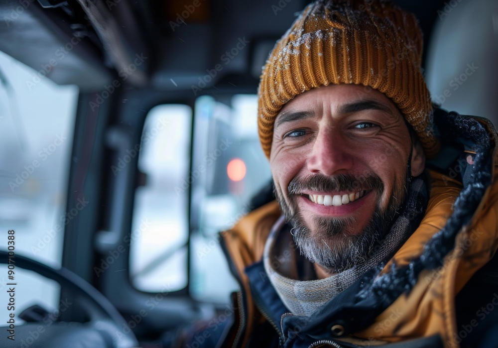Cheerful Male Driver in Hat Standing Proudly in Front of His Truck, Exuding Confidence and Readiness for the Road Ahead. Cheerful Male Driver in Hat Standing Proudly in Front of His Truck, Exuding Confidence and Readiness for the Road Ahead.