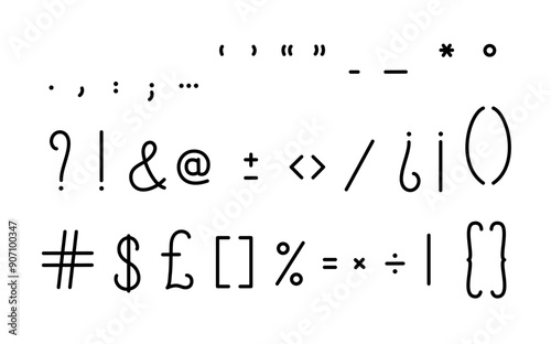 Punctuation marks, period, comma, ampersand, question, exclamation, brackets simple hand drawn symbols, typography vector illustration, mathematics, orthography, text separation