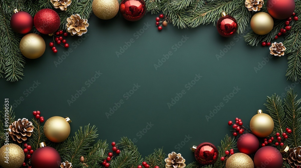 Festive Holiday Decorations With Ornaments and Pine Branches Festive Holiday Decorations With Ornaments and Pine Branches