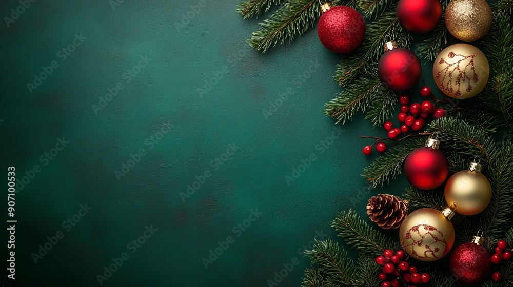 Festive Ornaments and Pine Branches on Green Background for Holiday Cheer