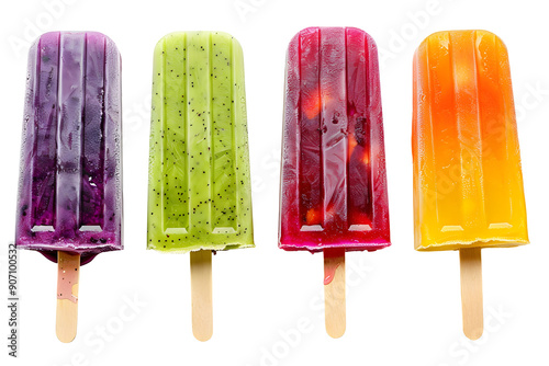Set of colorful fruity popsicle lolly ice on transparent background. PNG, cutout clipart. Many assorted icy bars different flavour, various varieties of ice cream on a stick.