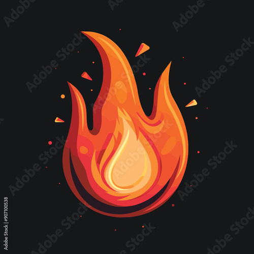 Bright orange yellow cartoon flame illustration black background. Dynamic fiery design, symbolizing heat, energy, danger. Flame graphic vibrant colors, depicting combustion fire icon