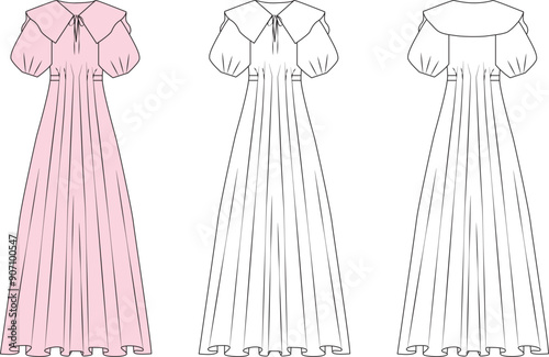 women, girl summer modest dress sketch, womens modesty dress mock up, womens dress vector front and back editable technical drawings