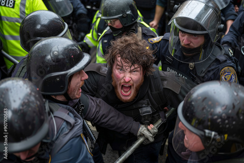 Emotive Close-Up of Activist in Spotlight as Police Attempt Detainment