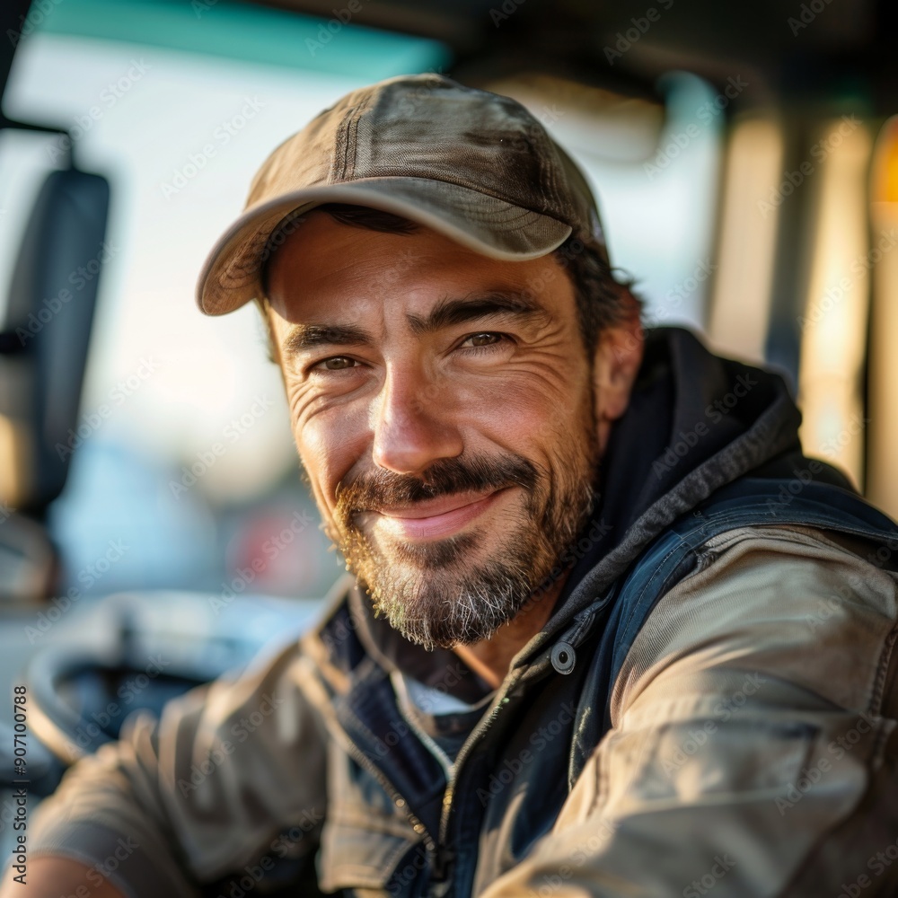 Cheerful Male Driver in Hat Standing Proudly in Front of His Truck, Exuding Confidence and Readiness for the Road Ahead. Cheerful Male Driver in Hat Standing Proudly in Front of His Truck, Exuding Confidence and Readiness for the Road Ahead.