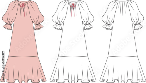 womens girls summer dress sketch, female frills summer  dress mock up, womens dress vector front and back editable technical drawings