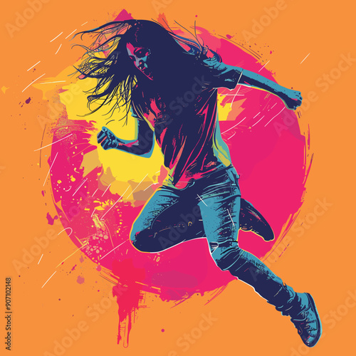 Energetic young woman dances against colorful abstract backdrop. Dynamic dance move youthful party theme graphic. Female dancer jumping colors fashion casual wear artistic background