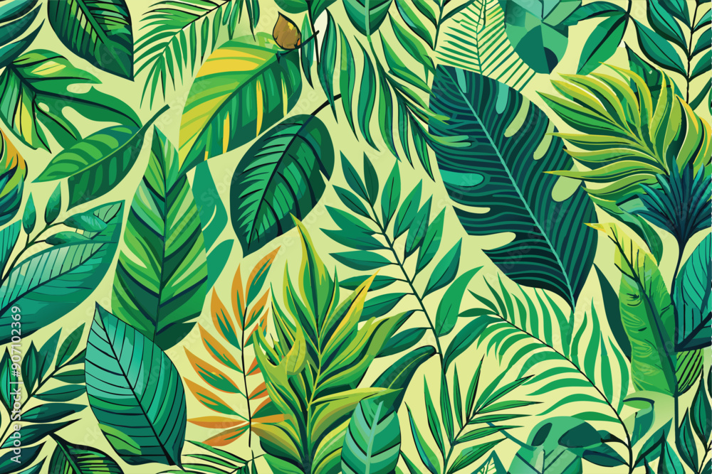 Fototapeta premium Exotic green leaves background. Natural palm leaves frame, tropical leaves frame. Vector design illustration