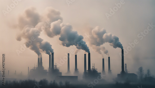 Industrial landscape with tall smokestacks emitting thick smoke, enveloped in heavy fog. The image highlights the impact of industrial pollution on the environment.