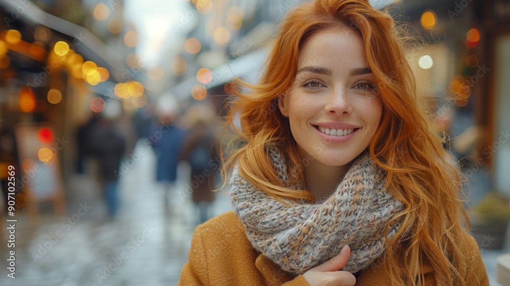 Happy redhead woman in cozy city street - generative ai Happy redhead woman in cozy city street - generative ai