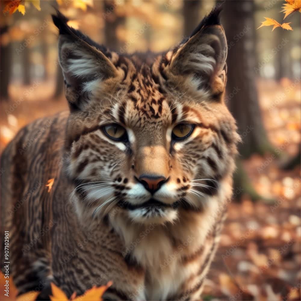 A bobcat stealthily moving through an autumn forest, blending into the scenery. A bobcat stealthily moving through an autumn forest, blending into the scenery.