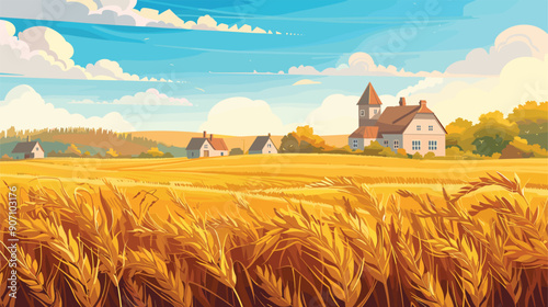 Countryside scene golden wheat field harvest time farmhouses trees sunny day blue sky clouds. Rural landscape ripe cereal crops agriculture farming village houses warmth summer panoramic view