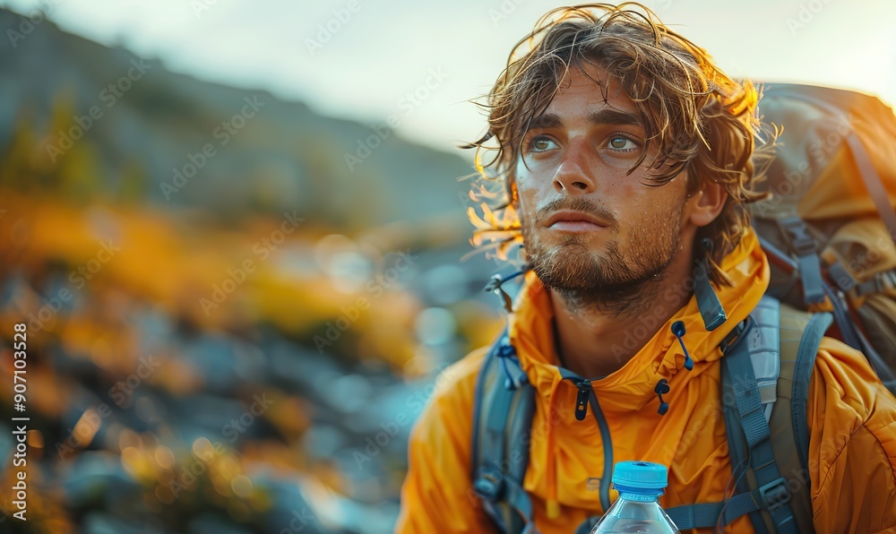 A hiker in the mountains drinks water from his bottle, embodying the essence of outdoor exploration and nature. A hiker in the mountains drinks water from his bottle, embodying the essence of outdoor exploration and nature.