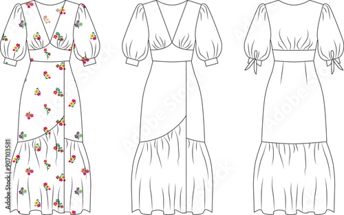 womens, girls summer dress sketch, female frills summer  dress mock up, womens dress vector front and back editable technical drawings